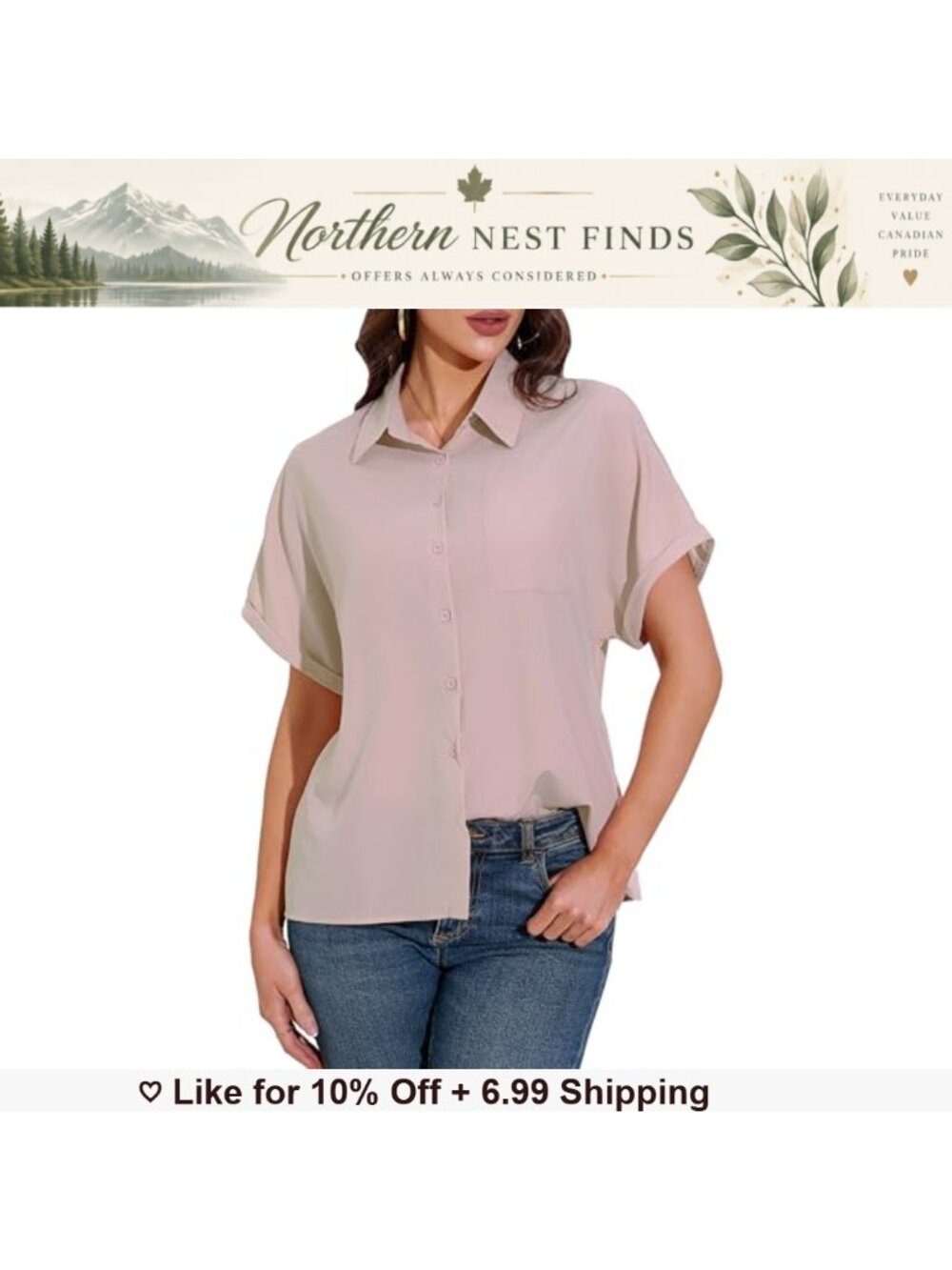 Women's Short Sleeve Button Down V-Neck Blouse Office Work Shirt
